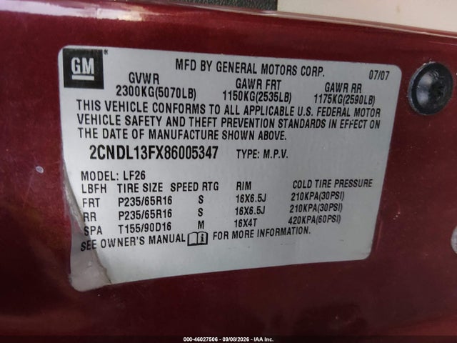 Aukcja sprzedaży 2008 Chevrolet Equinox Ls, vin: 2CNDL13FX86005347, numer aukcji: 46027506