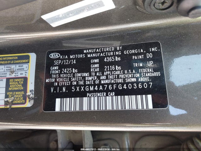 2015 Kia Optima Lx მანქანა იყიდება აუქციონზე, vin: 5XXGM4A76FG403607, აუქციონის ნომერი: 46027512