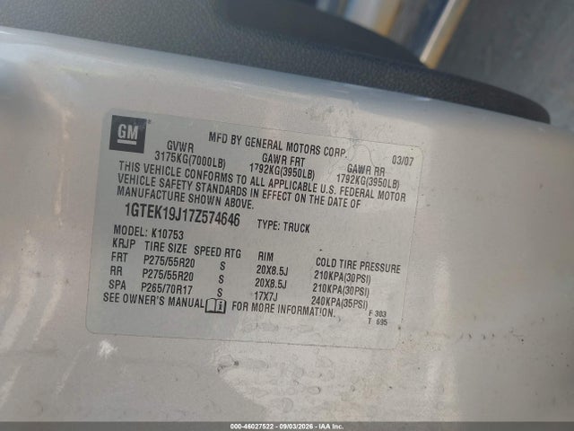 Продаж на аукціоні авто 2007 Gmc New Sierra K1500, vin: 1GTEK19J17Z574646, номер лоту: 46027522