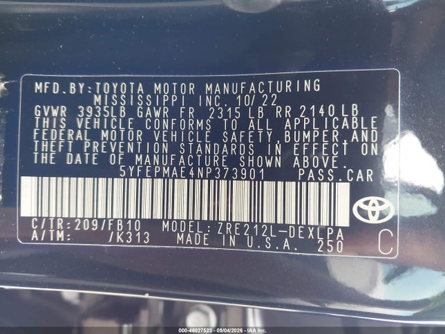 46027523 :رقم المزاد ، 5YFEPMAE4NP373901 vin ، 2022 Toyota Corolla Le مزاد بيع