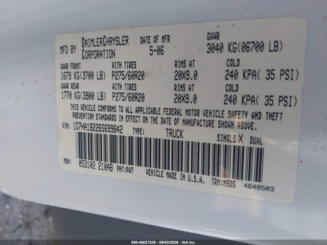 Aukcja sprzedaży 2006 Dodge Ram 1500 Slt, vin: 1D7HA18226S699842, numer aukcji: 46027526