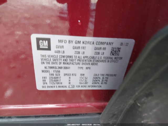 Продажа на аукционе авто 2022 Chevrolet Trailblazer Awd Lt, vin: KL79MRSL3NB130841, номер лота: 46027537