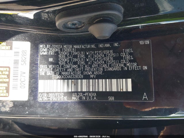 Aukcja sprzedaży 2010 Toyota Sienna Le, vin: 5TDKK4CC4AS328309, numer aukcji: 46027546