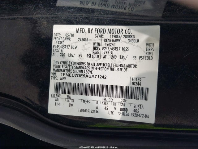 Aukcja sprzedaży 2010 Ford Explorer Xlt, vin: 1FMEU7DE5AUA71242, numer aukcji: 46027558