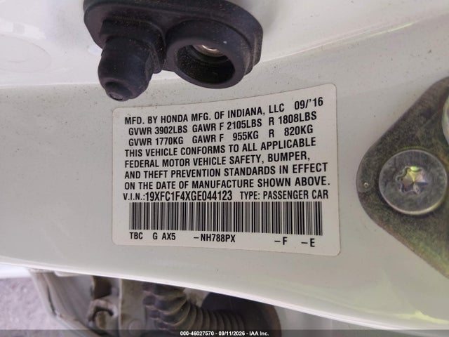 2016 Honda Civic Ex-t მანქანა იყიდება აუქციონზე, vin: 19XFC1F4XGE044123, აუქციონის ნომერი: 46027570