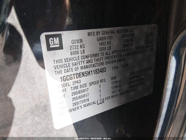 46027574 :رقم المزاد ، 1GCGTDEN5H1183483 vin ، 2017 Chevrolet Colorado Z71 مزاد بيع