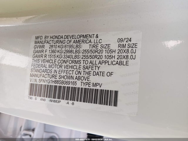 46027579 :رقم المزاد ، 5FNYG1H88SB069165 vin ، 2025 Honda Pilot Elite مزاد بيع