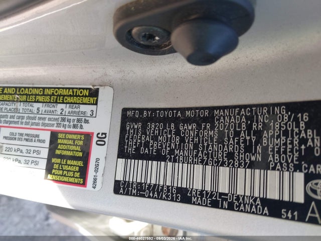 Продаж на аукціоні авто 2016 Toyota Corolla Le, vin: 2T1BURHE7GC732837, номер лоту: 46027592