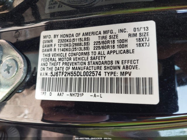 46027605 :رقم المزاد ، 5J6TF2H55DL002574 vin ، 2013 Honda Crosstour Ex-l V6 مزاد بيع