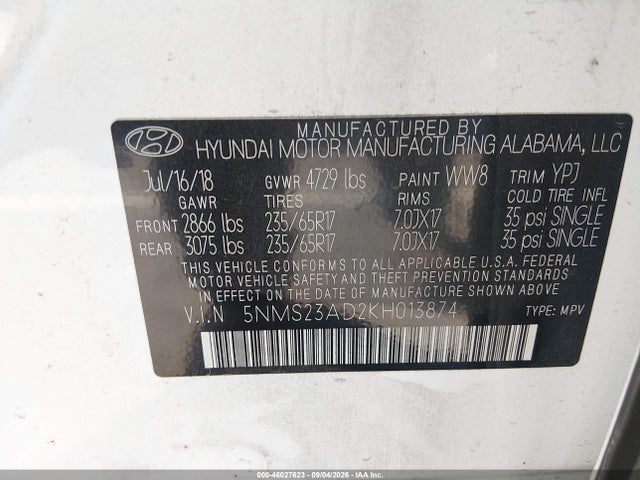Aukcja sprzedaży 2019 Hyundai Santa Fe Se, vin: 5NMS23AD2KH013874, numer aukcji: 46027623