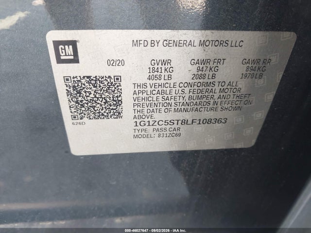 46027647 :رقم المزاد ، 1G1ZC5ST8LF108363 vin ، 2020 Chevrolet Malibu Fwd 1fl مزاد بيع