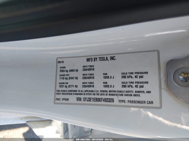 5YJ3E1EB0KF493326 Tesla Model 3 Long Range/performance
