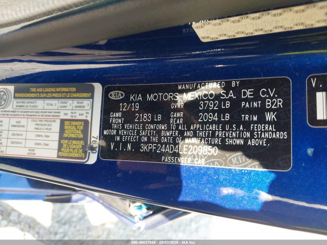 Auction sale of the 2020 Kia Forte Lxs, vin: 3KPF24AD4LE209850, lot number: 46027655