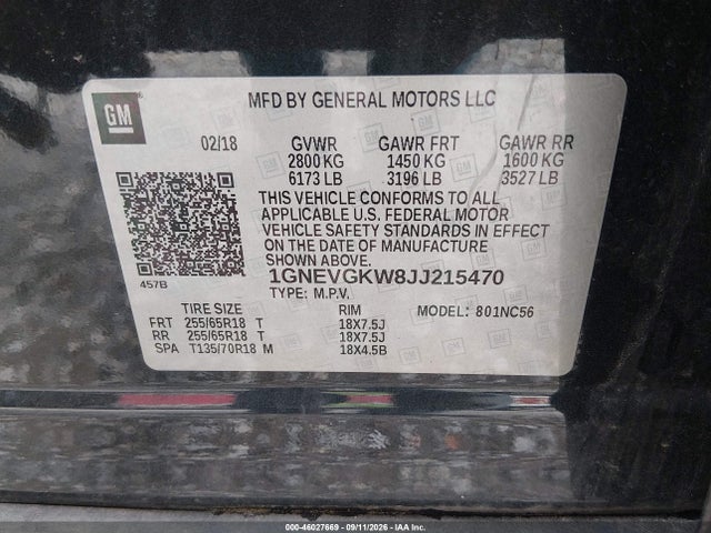 Aukcja sprzedaży 2018 Chevrolet Traverse Lt Cloth, vin: 1GNEVGKW8JJ215470, numer aukcji: 46027669