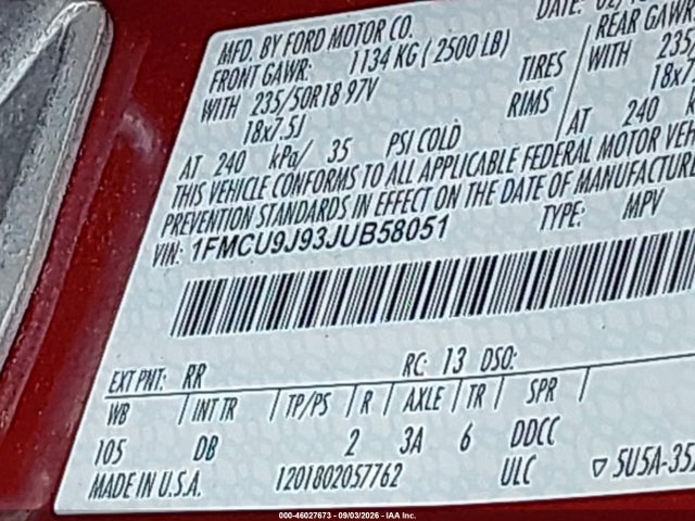 46027673 :رقم المزاد ، 1FMCU9J93JUB58051 vin ، 2018 Ford Escape Titanium مزاد بيع