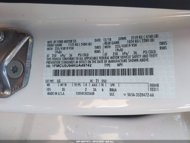 Продажа на аукционе авто 2019 Ford Escape Titanium, vin: 1FMCU0J94KUA49742, номер лота: 46027674