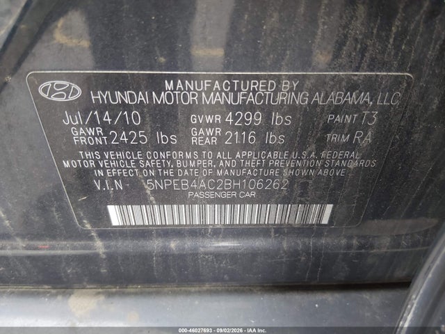 2011 Hyundai Sonata Gls მანქანა იყიდება აუქციონზე, vin: 5NPEB4AC2BH106262, აუქციონის ნომერი: 46027693