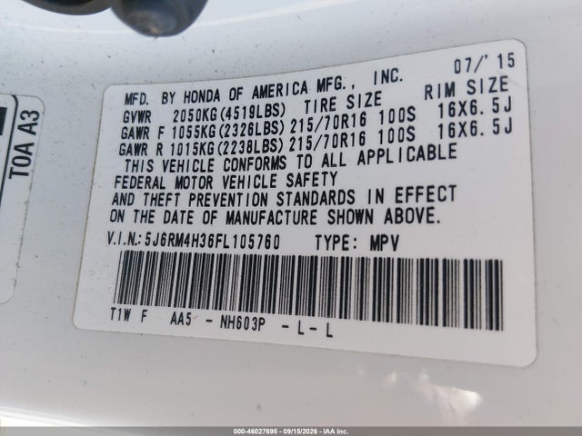 46027695 :رقم المزاد ، 5J6RM4H36FL105760 vin ، 2015 Honda Cr-v Lx مزاد بيع
