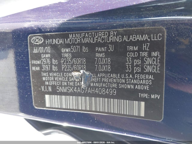 46027696 :رقم المزاد ، 5NMSK4AG7AH408499 vin ، 2010 Hyundai Santa Fe Limited V6 مزاد بيع