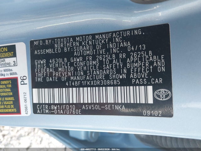 2013 Toyota Camry Le მანქანა იყიდება აუქციონზე, vin: 4T4BF1FKXDR308685, აუქციონის ნომერი: 46027713