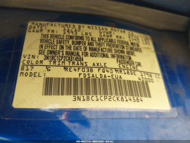 Aukcja sprzedaży 2012 Nissan Versa 1.8 S, vin: 3N1BC1CP2CK814584, numer aukcji: 46027714