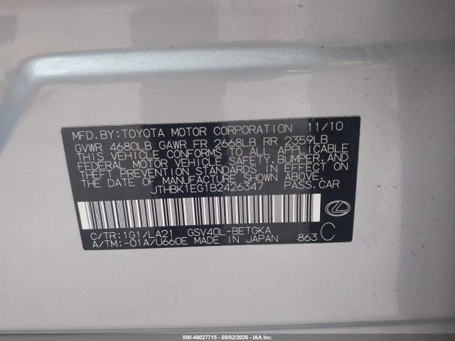 Aukcja sprzedaży 2011 Lexus Es 350, vin: JTHBK1EG1B2426347, numer aukcji: 46027715