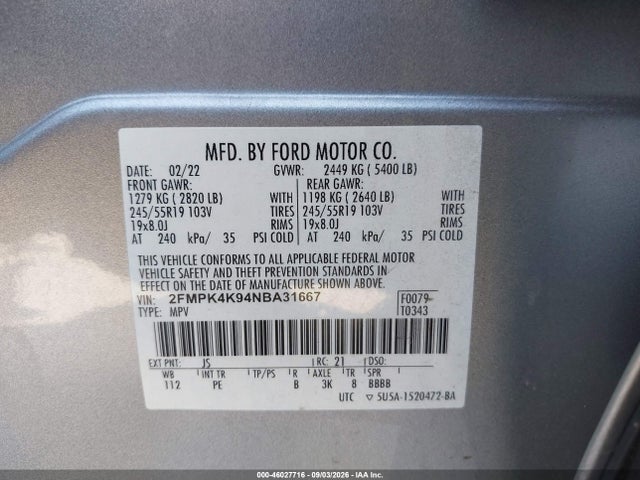Продаж на аукціоні авто 2022 Ford Edge Titanium, vin: 2FMPK4K94NBA31667, номер лоту: 46027716