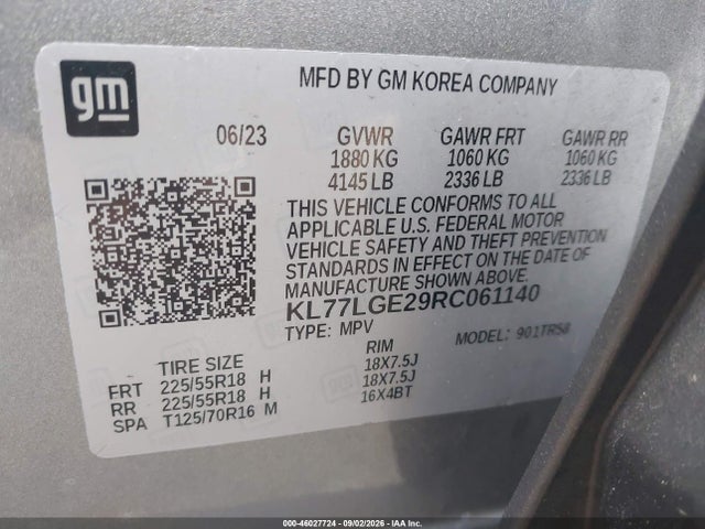 46027724 :رقم المزاد ، KL77LGE29RC061140 vin ، 2024 Chevrolet Trax Fwd 1rs مزاد بيع