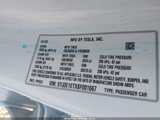 5YJ3E1ETXSF001667 Tesla Model 3 Performance All-wheel Drive