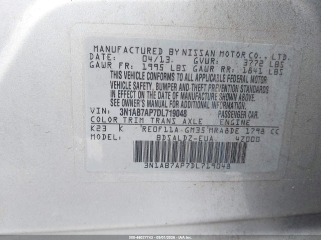 Продаж на аукціоні авто 2013 Nissan Sentra Sv, vin: 3N1AB7AP7DL719048, номер лоту: 46027743