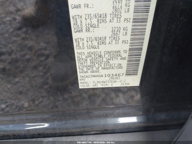 Продажа на аукционе авто 2016 Nissan Murano Sl, vin: 5N1AZ2MH4GN103467, номер лота: 46027744