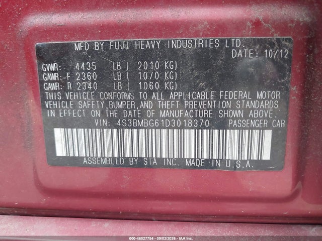2013 Subaru Legacy 2.5i Premium მანქანა იყიდება აუქციონზე, vin: 4S3BMBG61D3018370, აუქციონის ნომერი: 46027754