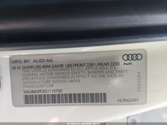 Продажа на аукционе авто 2016 Audi A3 2.0t Premium, vin: WAUB8GFF2G1116792, номер лота: 46027762