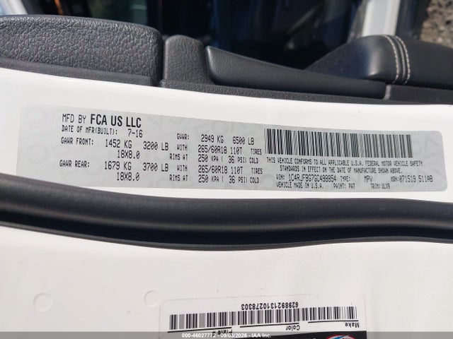 Продажа на аукционе авто 2016 Jeep Grand Cherokee Limited, vin: 1C4RJFBG7GC498854, номер лота: 46027772