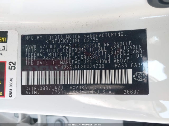 46027776 :رقم المزاد ، 4T1DBADK0SU021709 vin ، 2025 Toyota Camry Xle مزاد بيع
