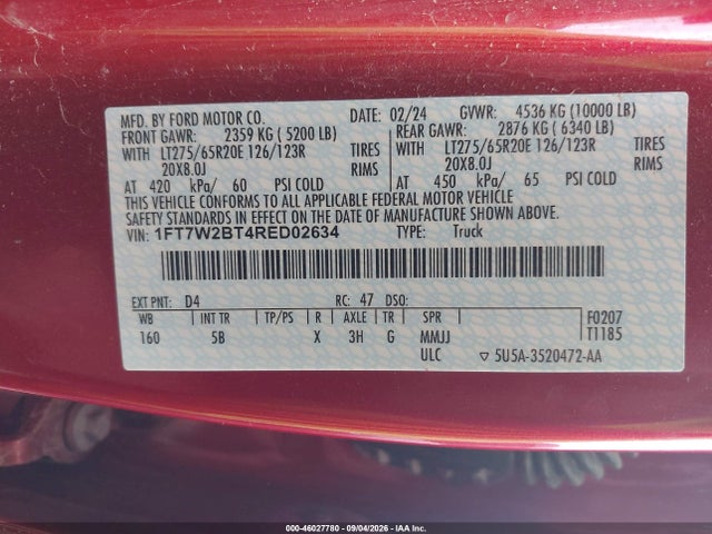 Продажа на аукционе авто 2024 Ford F-250 Lariat, vin: 1FT7W2BT4RED02634, номер лота: 46027780