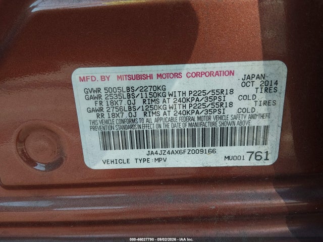 Aukcja sprzedaży 2015 Mitsubishi Outlander Gt, vin: JA4JZ4AX6FZ009166, numer aukcji: 46027790