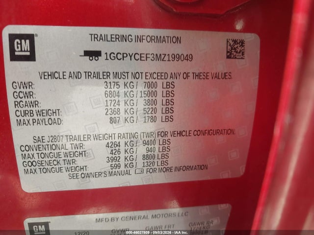 Aukcja sprzedaży 2021 Chevrolet Silverado 1500 4wd  Short Bed Custom Trail Boss, vin: 1GCPYCEF3MZ199049, numer aukcji: 46027809