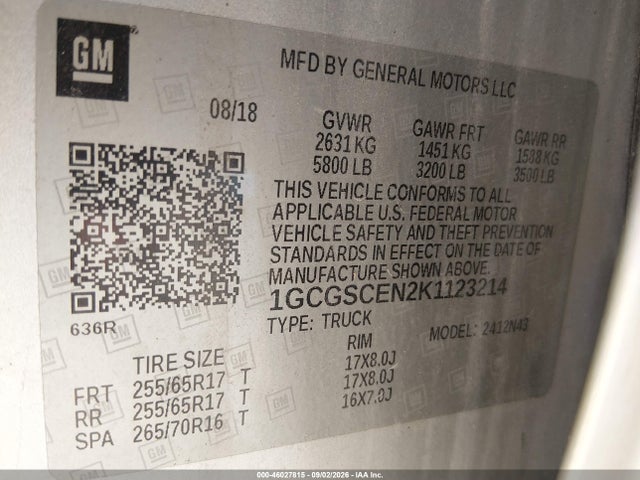 2019 Chevrolet Colorado Lt მანქანა იყიდება აუქციონზე, vin: 1GCGSCEN2K1123214, აუქციონის ნომერი: 46027815