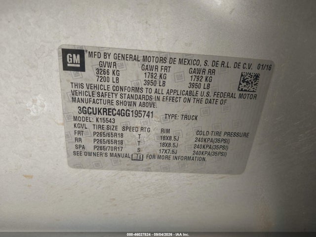 46027824 :رقم المزاد ، 3GCUKREC4GG195741 vin ، 2016 Chevrolet Silverado 1500 Lt مزاد بيع