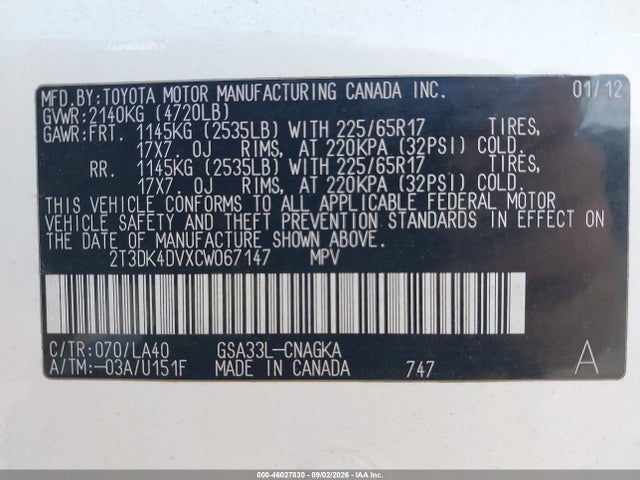 Aukcja sprzedaży 2012 Toyota Rav4 Limited V6, vin: 2T3DK4DVXCW067147, numer aukcji: 46027830