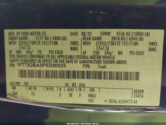 46027832 :رقم المزاد ، 1FT7X2BA5PED80025 vin ، 2023 Ford F-250 Xl مزاد بيع