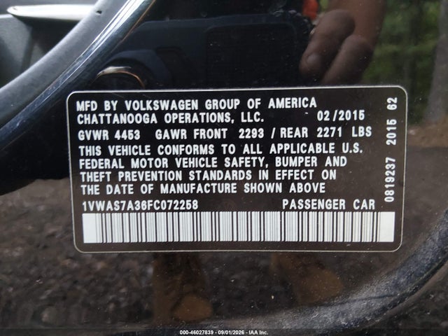 46027839 :رقم المزاد ، 1VWAS7A36FC072258 vin ، 2015 Volkswagen Passat 1.8t S مزاد بيع
