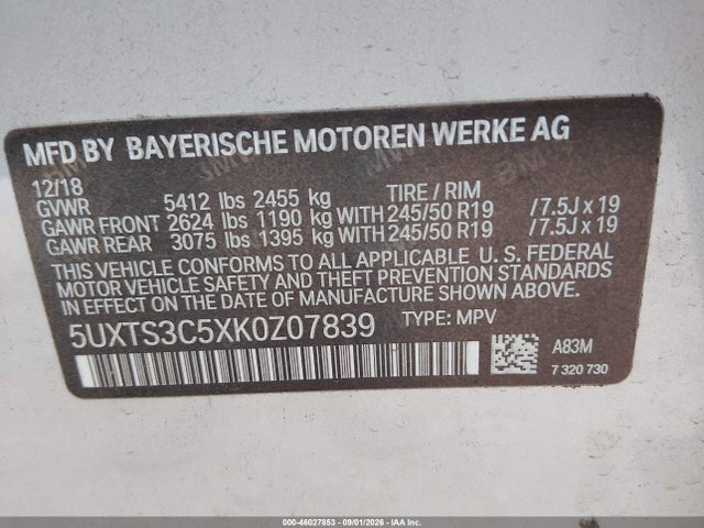 Aukcja sprzedaży 2019 Bmw X3 M40i, vin: 5UXTS3C5XK0Z07839, numer aukcji: 46027853