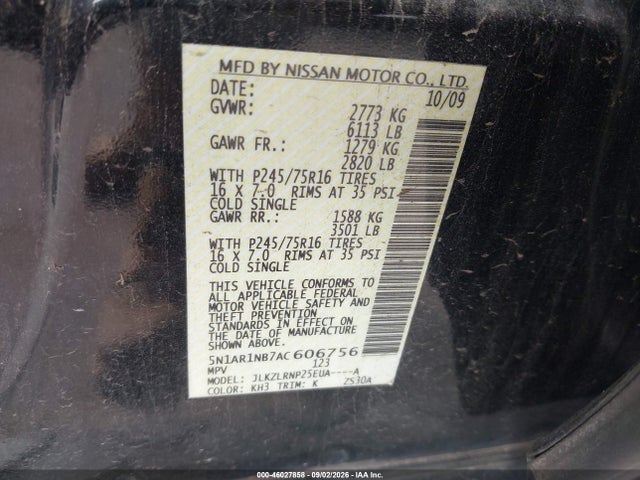2010 Nissan Pathfinder S მანქანა იყიდება აუქციონზე, vin: 5N1AR1NB7AC606756, აუქციონის ნომერი: 46027858
