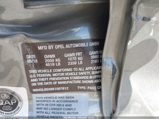 46027865 :رقم المزاد ، W04GL6SX6K1007612 vin ، 2019 Buick Regal Sportback Fwd Preferred مزاد بيع
