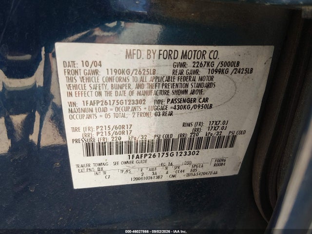 Aukcja sprzedaży 2005 Ford Five Hundred Se, vin: 1FAFP26175G123302, numer aukcji: 46027866