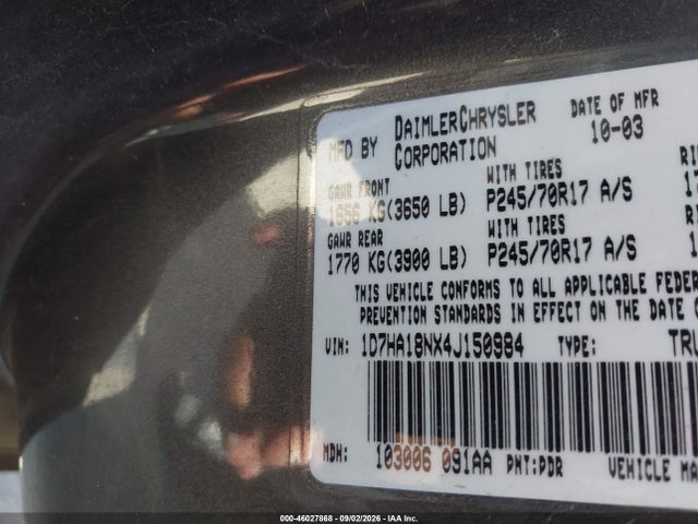2004 Dodge Ram 1500 St მანქანა იყიდება აუქციონზე, vin: 1D7HA18NX4J150984, აუქციონის ნომერი: 46027868