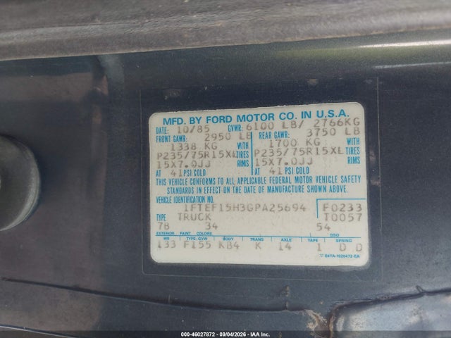 46027872 :رقم المزاد ، 1FTEF15H3GPA25694 vin ، 1986 Ford F150 مزاد بيع