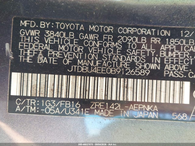 46027875 :رقم المزاد ، JTDBU4EE0B9126589 vin ، 2011 Toyota Corolla Le مزاد بيع
